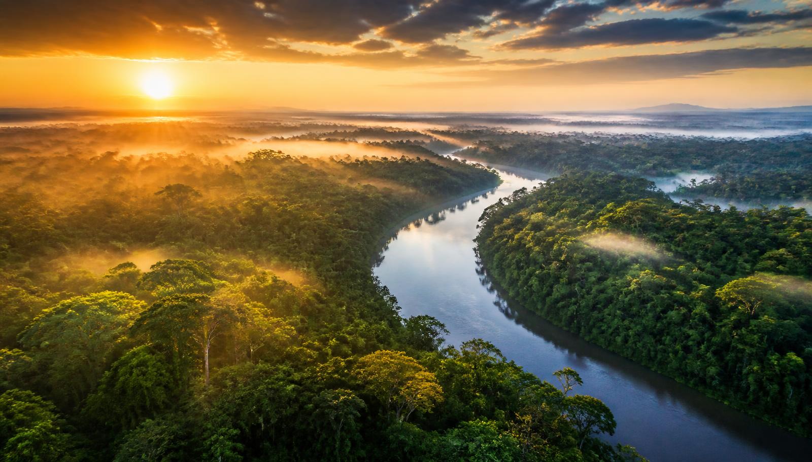 Floresta amazônica com rio ao amanhecer